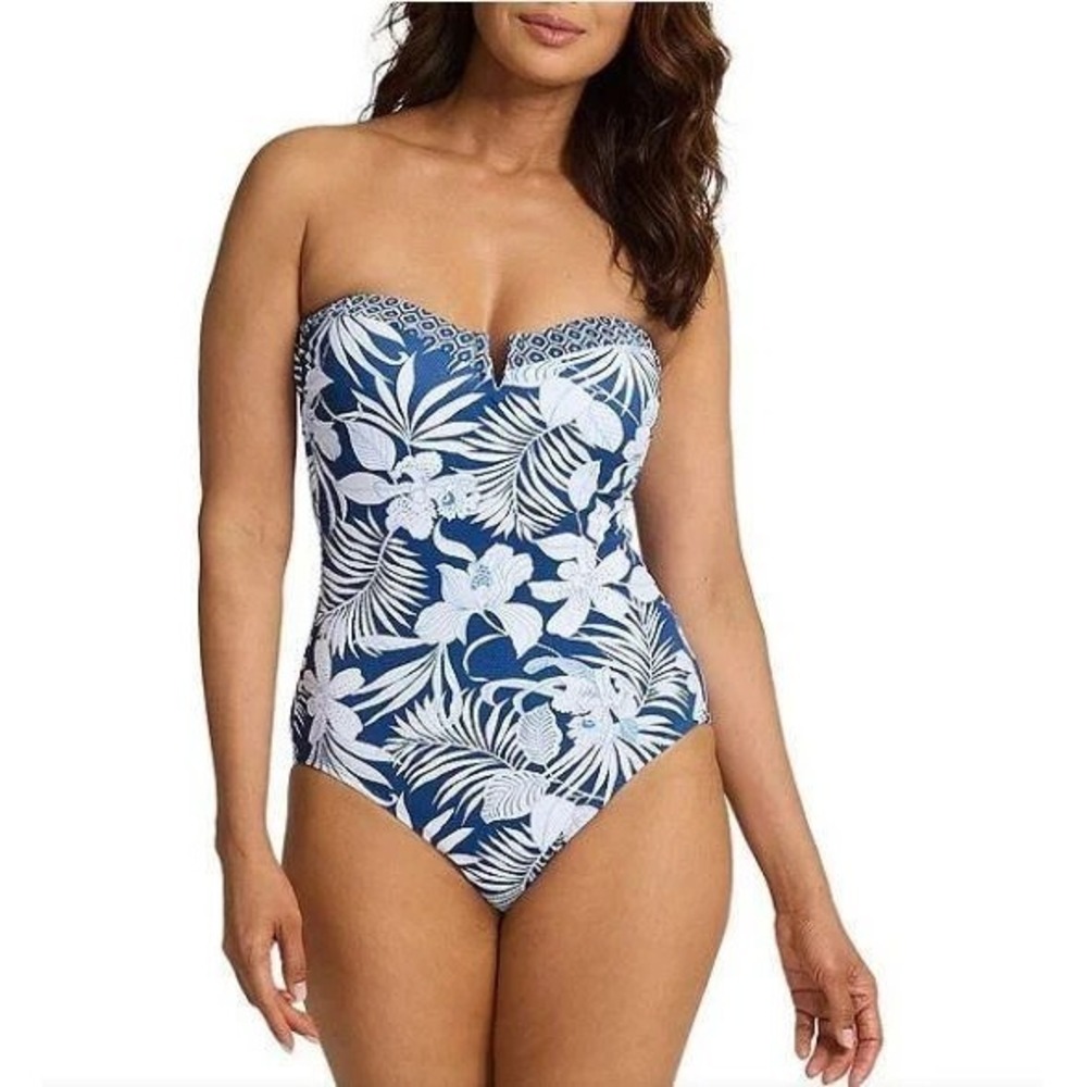 Tommy Bahama Island Cays Blooms Bandeau One Piece Swimsuit Women 14 Indigo Tide‎